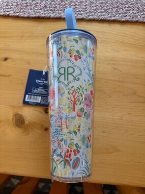 Roller Rabbit Multicolor Floral Travel Tumbler with Blue Lid